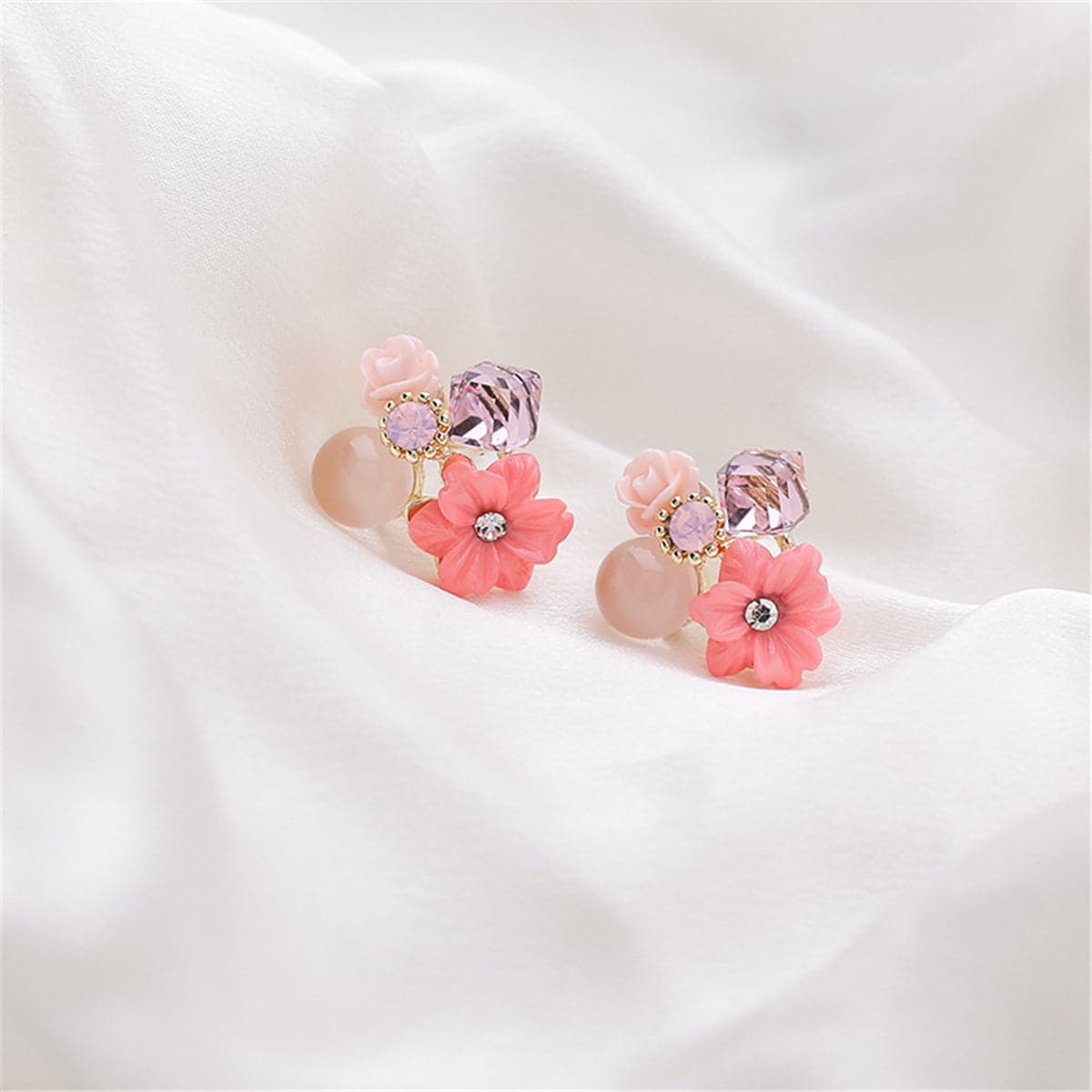 Pink Crystal and Cubic Zirconia Flower Cluster Stud Earrings, stud earrings for women, vintage-inspired design, front view