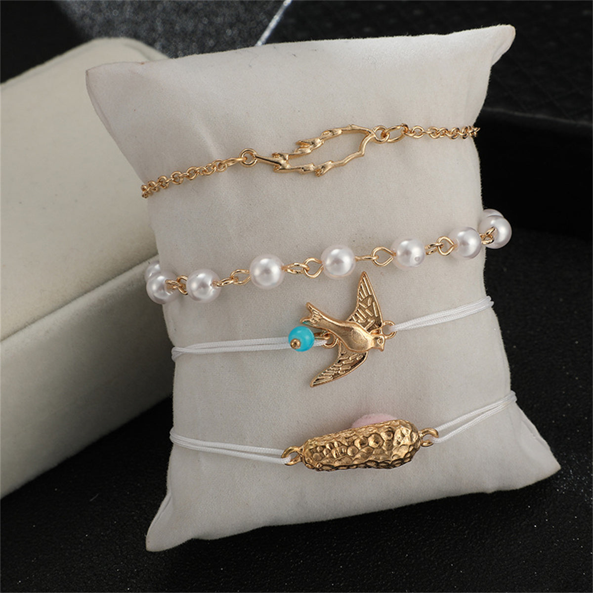 Pearl & Turquoise Bird Charm Anklet Set