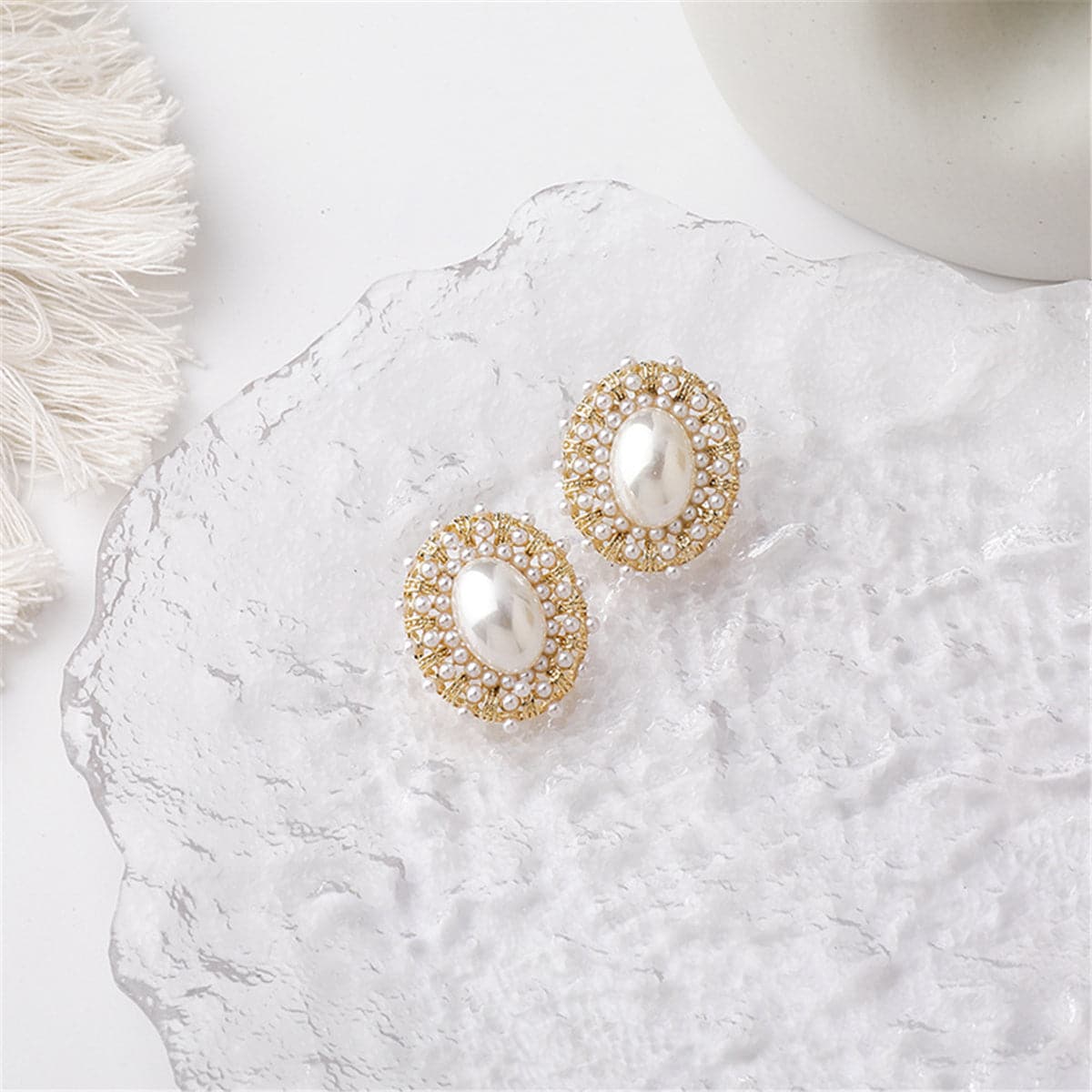 Pearl and 18K Gold-Plated Oval Stud Earrings, gold stud earrings for women, botanical inspired, side view