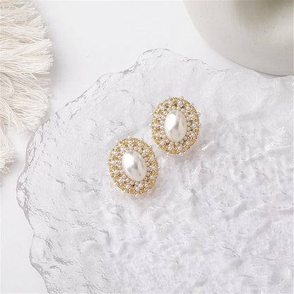 Pearl and 18K Gold-Plated Oval Stud Earrings, gold stud earrings for women, botanical inspired, side view