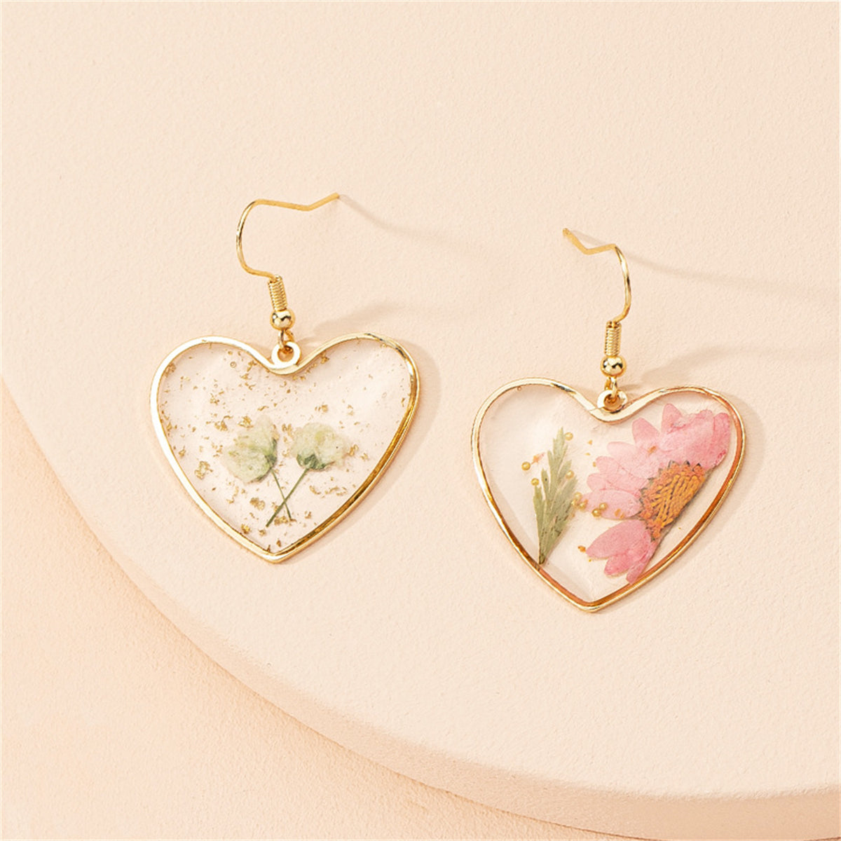 Pressed Flower & 18K Gold-Plated Heart Drop Earrings