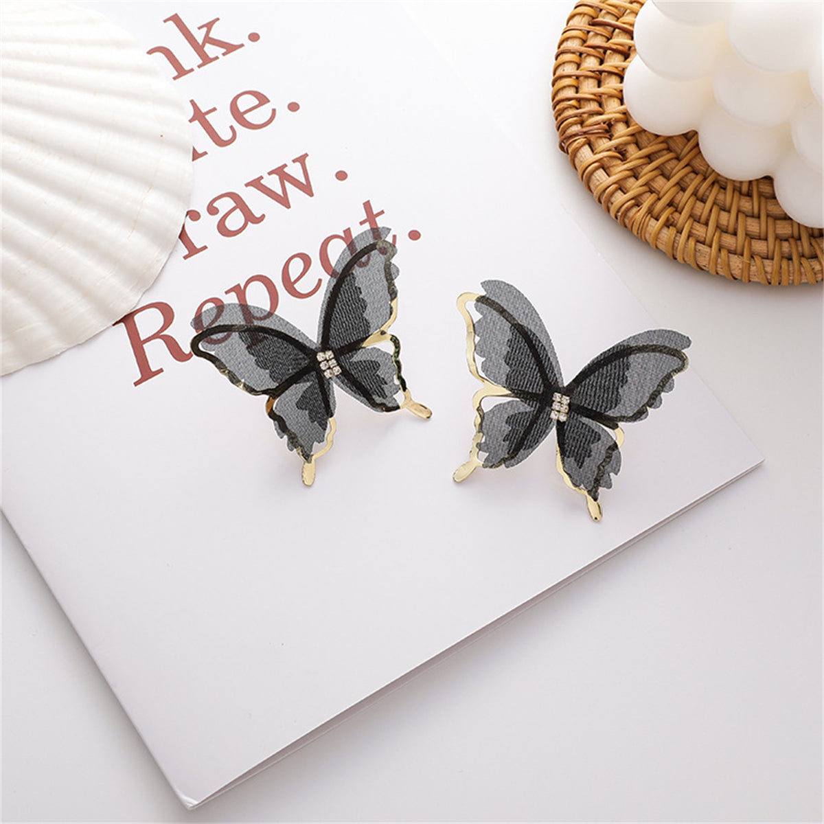Black Mesh and 18K Gold-Plated Butterfly Stud Earrings, gold stud earrings for women, elegant gift for her, side view