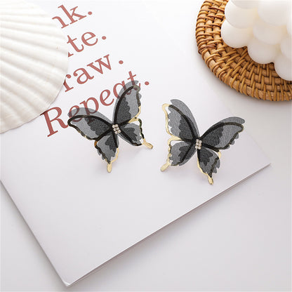 Black Mesh and 18K Gold-Plated Butterfly Stud Earrings, gold stud earrings for women, elegant gift for her, side view