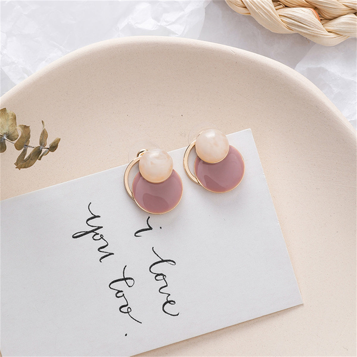 Mauve Enamel & 18K Gold-Plated Circles Stud Earrings