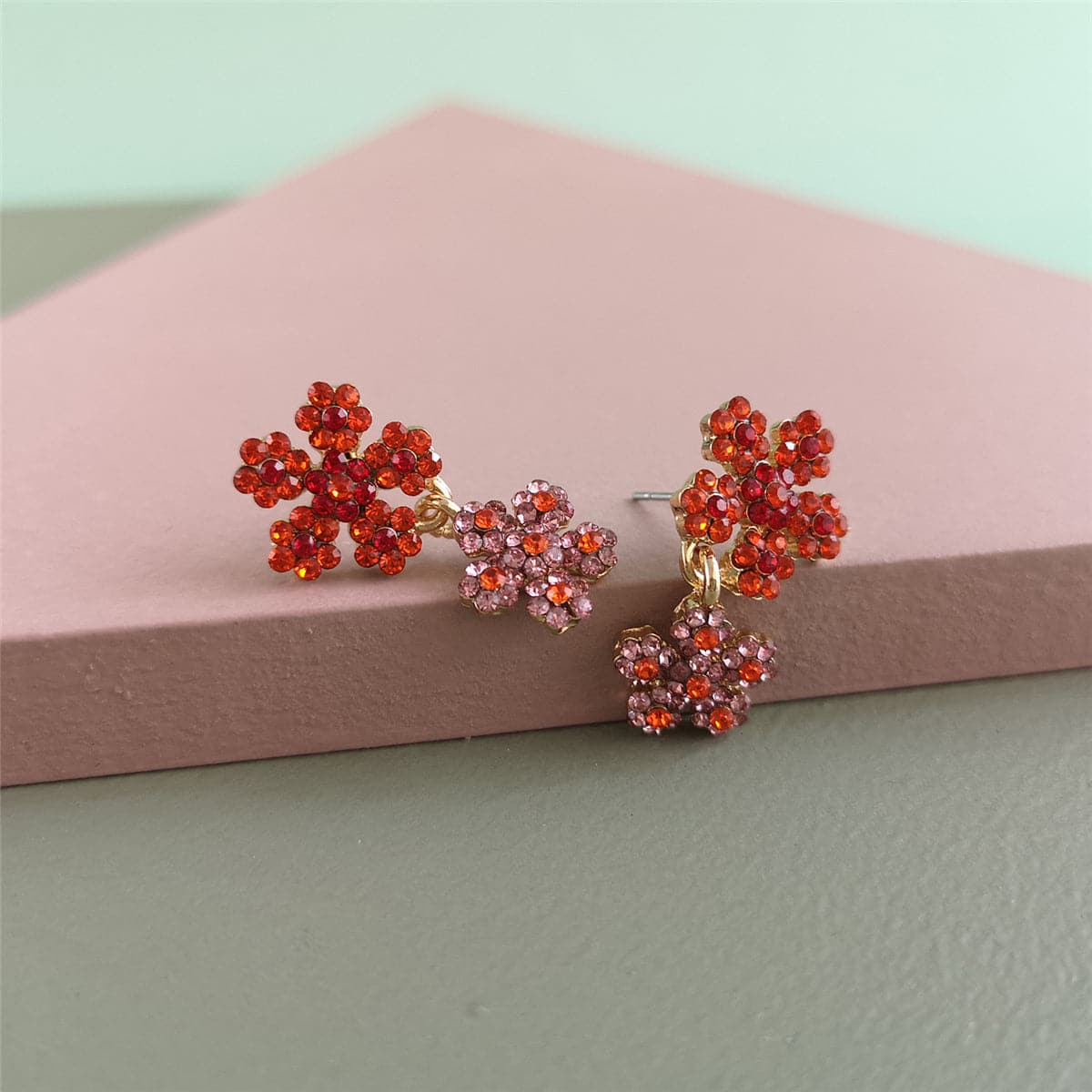 Red Cubic Zirconia & 18K Gold-Plated Flower Drop Earrings
