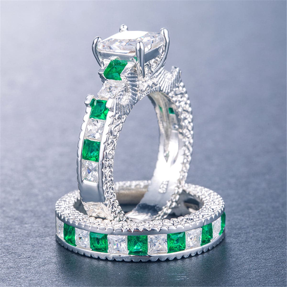 Green & White Crystal & Silver-Plated Band & Ring - streetregion