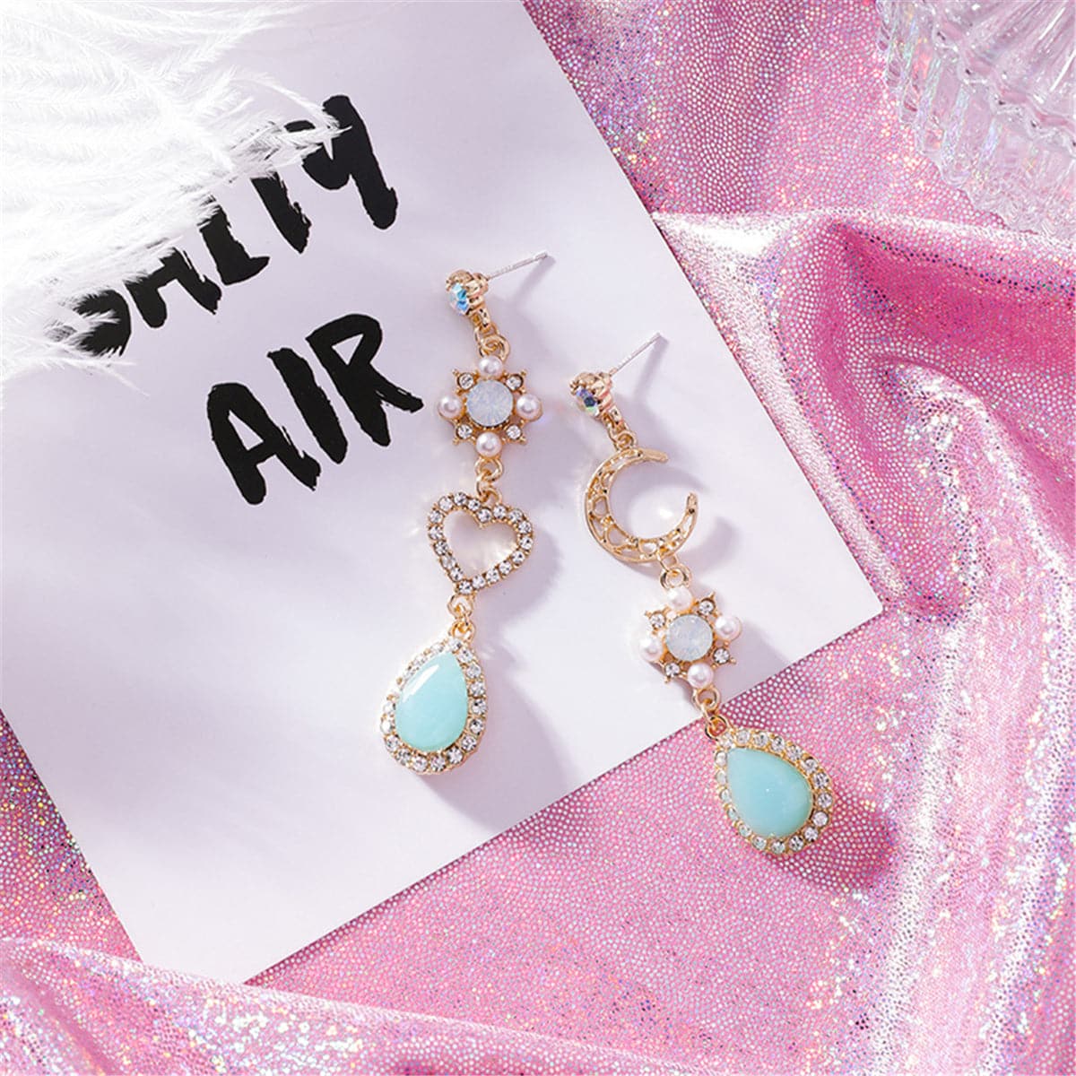 Aqua Moonstone and Pearl 18K Gold-Plated Asymmetrical Moon Heart Drop Earrings, gold drop earrings for women, detail close-up