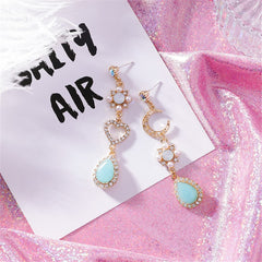 Aqua Moonstone & Pearl 18K Gold-Plated Asymmetrical Moon Heart Drop Earrings