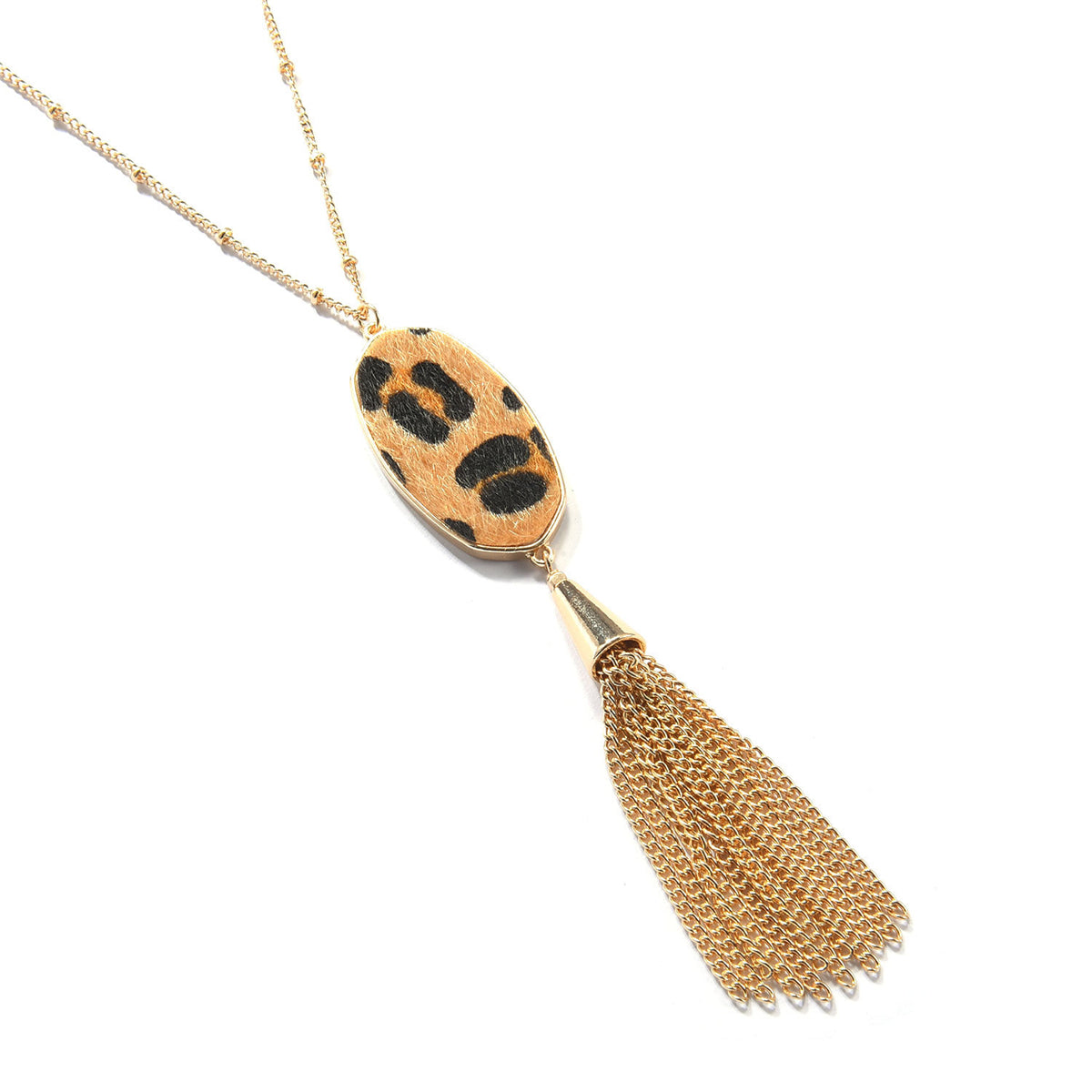 Tan Polyurethane and 18K Gold-Plated Slender Oval Tassel Pendant Necklace, gold pendant necklace for women, detail close-up