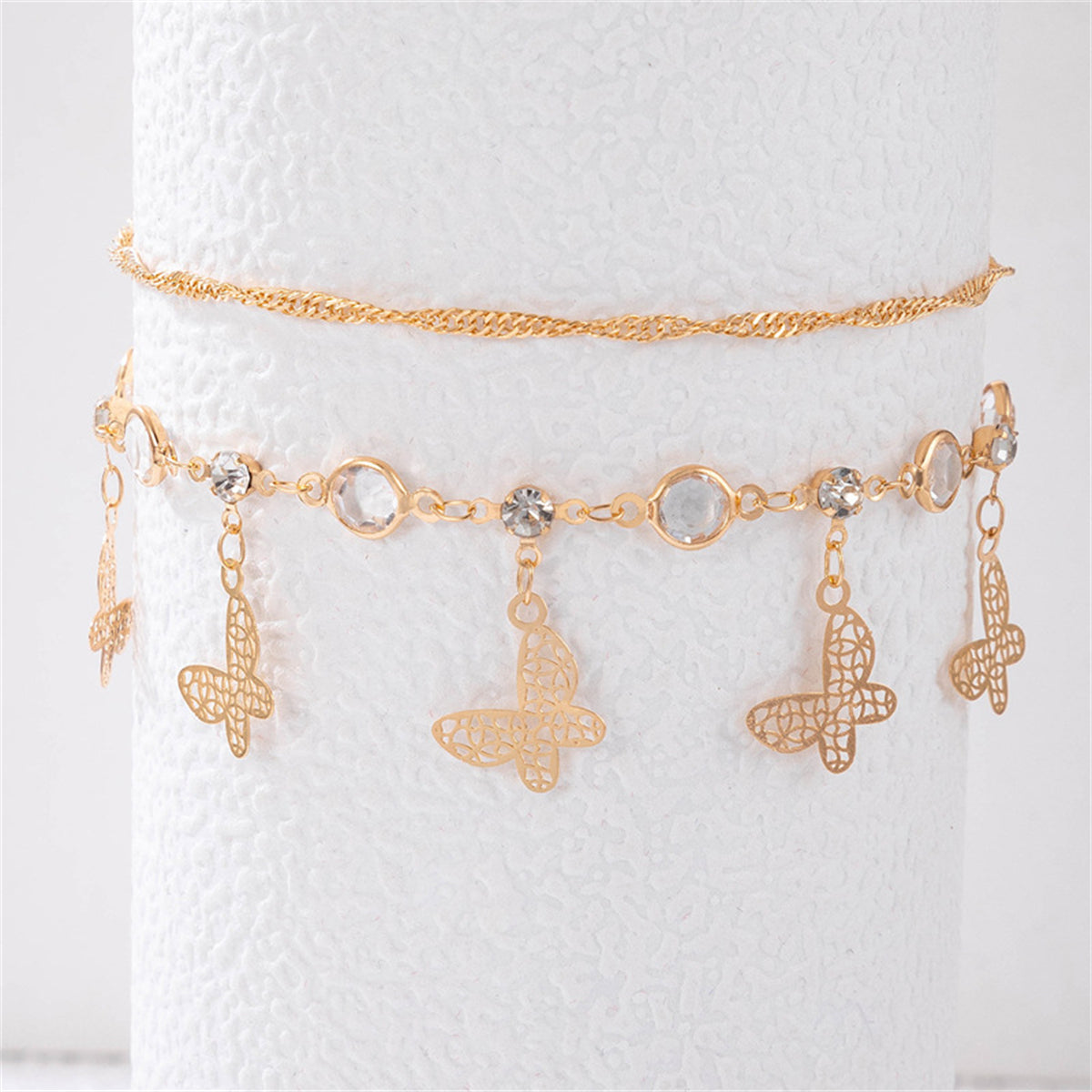 Cubic Zirconia & 18K Gold-Plated Butterfly Openwork Charm Anklet Set