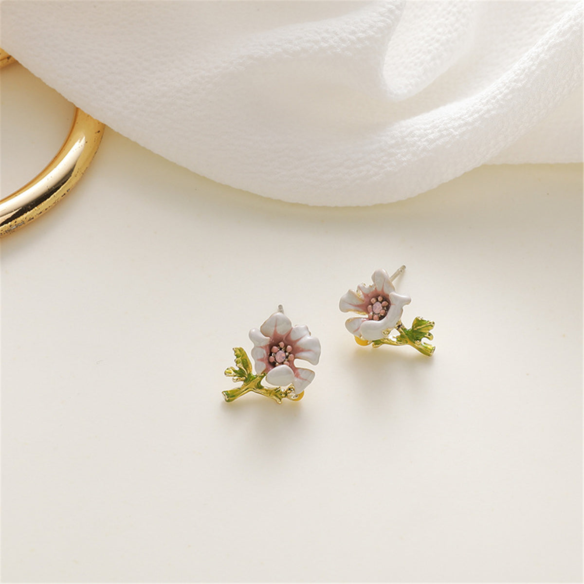 Pink Enamel and Cubic Zirconia Flower Stud Earrings, stud earrings for women, botanical inspired, front view