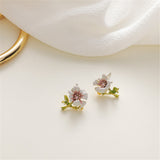 Pink Enamel & Cubic Zirconia Flower Stud Earrings
