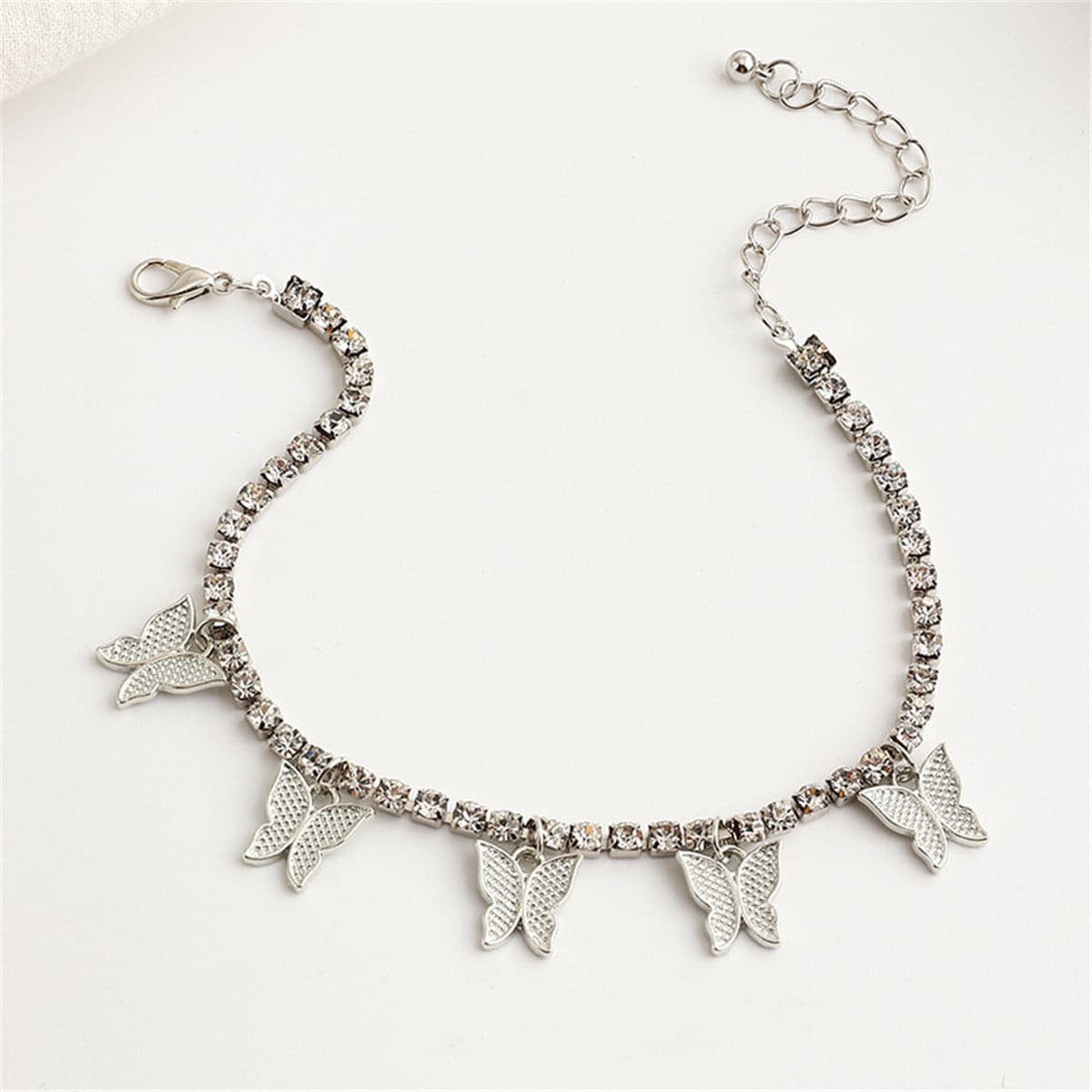 Cubic Zirconia and Silver-Plated Butterfly Station Anklet, silver anklet bracelet, everyday style, side view