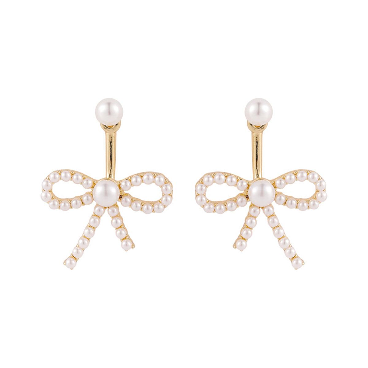 Pearl and 18K Gold-Plated Bow Ear Jackets, gold drop earrings for women, everyday style, front view