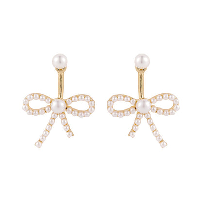 Pearl and 18K Gold-Plated Bow Ear Jackets, gold drop earrings for women, everyday style, front view
