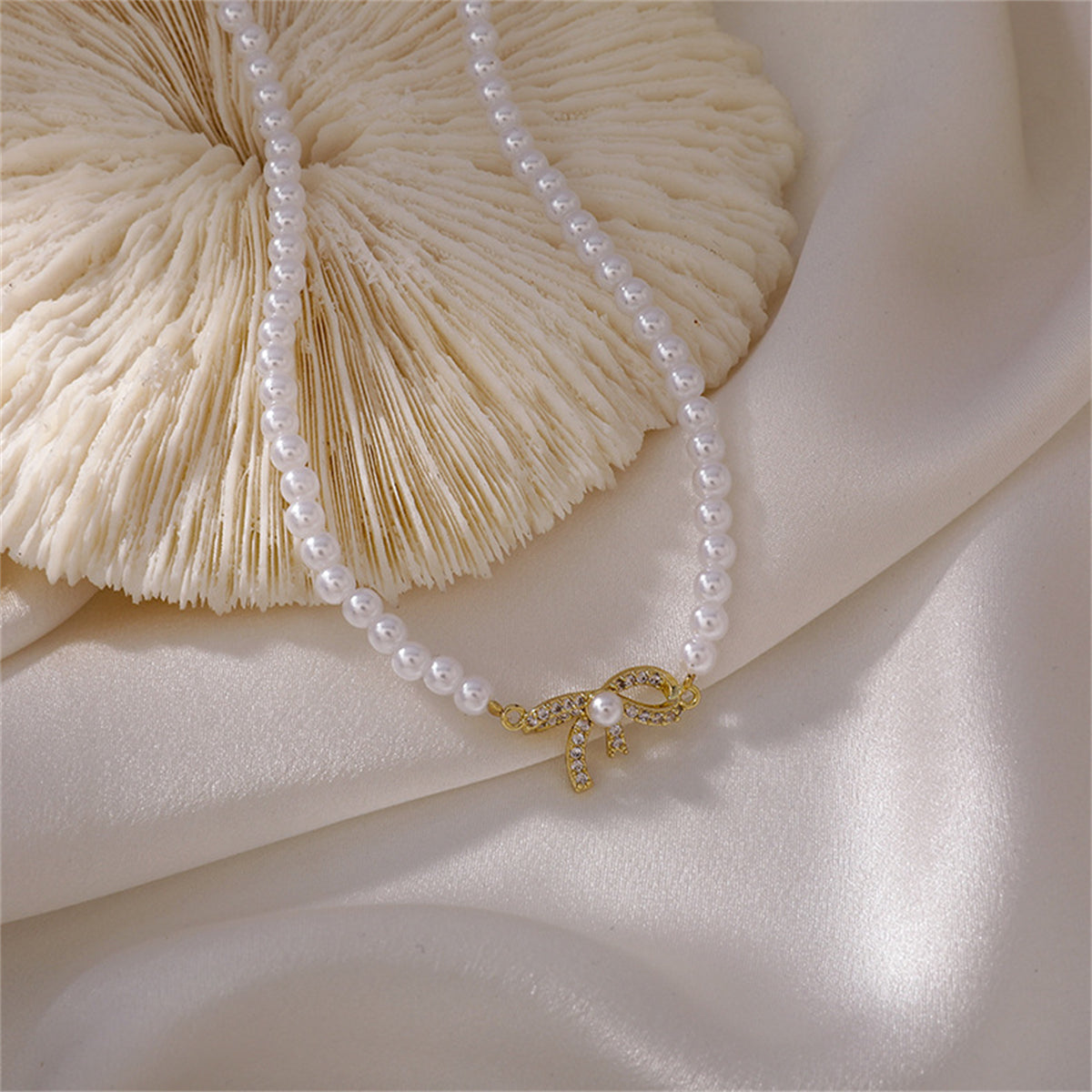 Pearl & Cubic Zirconia 18K Gold-Plated Pavé Bow Necklace