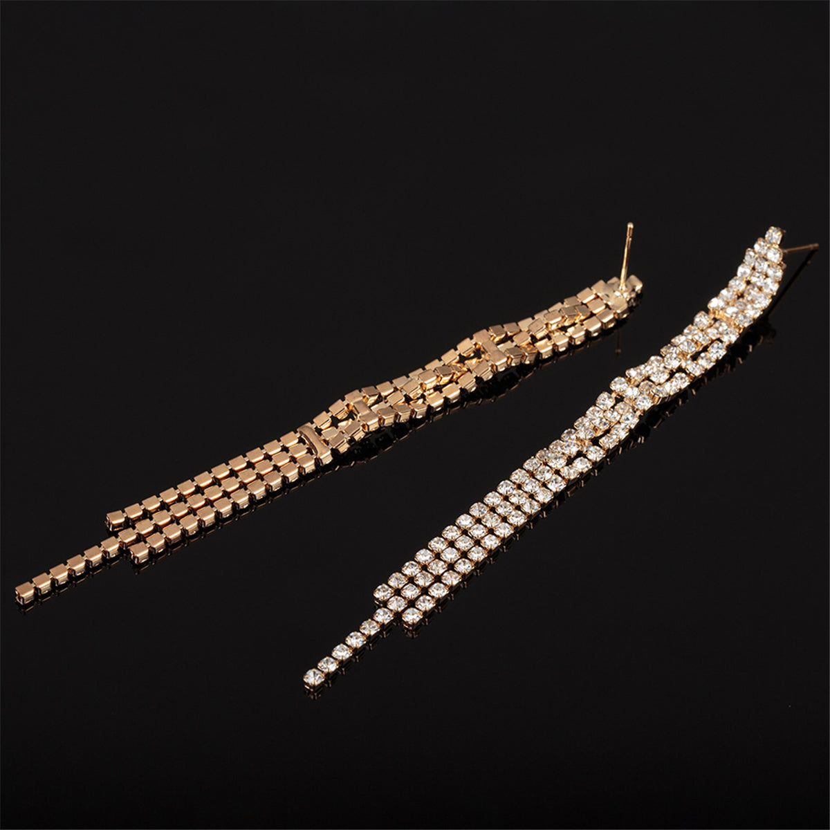 Cubic Zirconia and 18K Gold-Plated Three-Line Drop Earrings, gold drop earrings for women, detail close-up