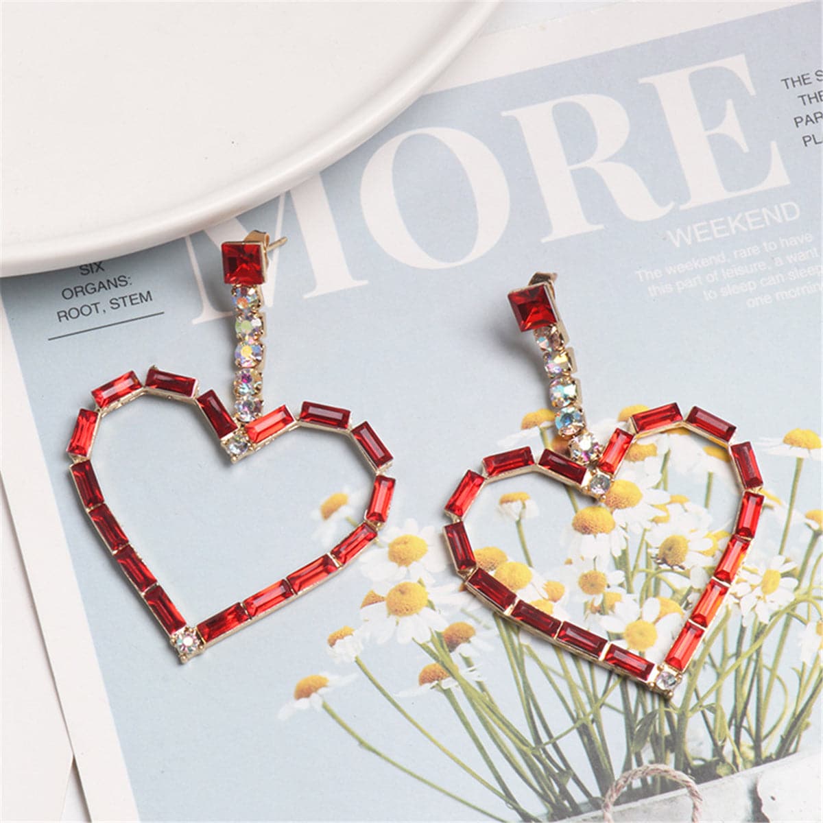 Red Crystal & Cubic Zirconia Open Heart Drop Earrings