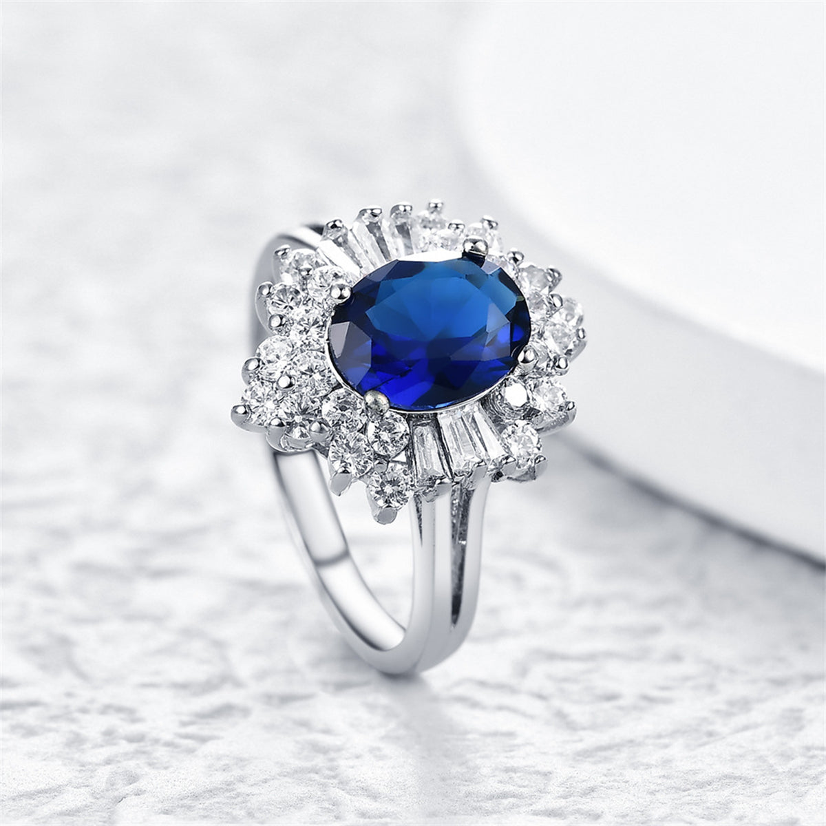 Navy Crystal & Cubic Zirconia Silver-Plated Flower Ring