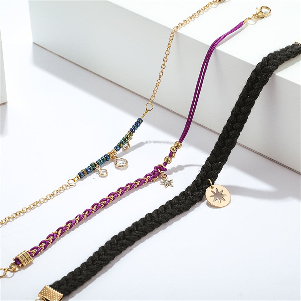 Cubic Zirocnia & 18K Gold-Plated Star Charm Anklet Set