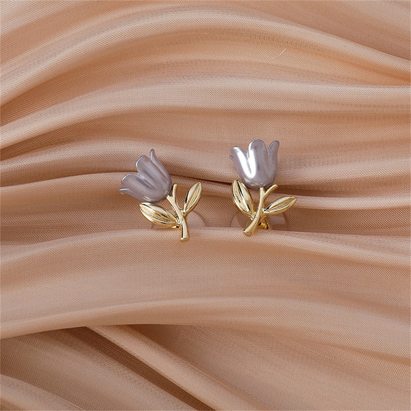 Gray Enamel & 18k Gold-Plated Tulip Stud Earrings