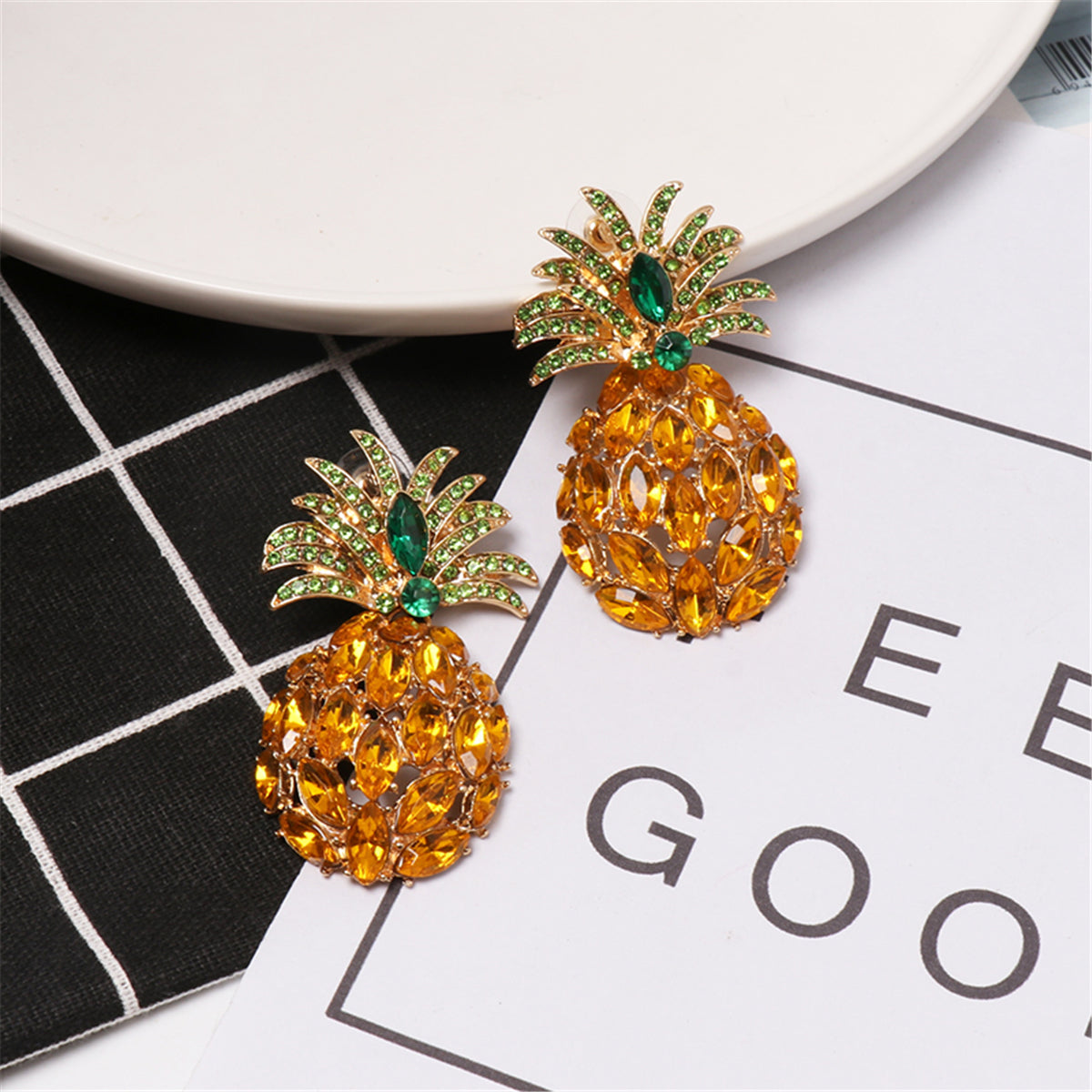 Orange Crystal and Cubic Zirconia Pineapple Drop Earrings, drop earrings for women, elegant gift for her, side view