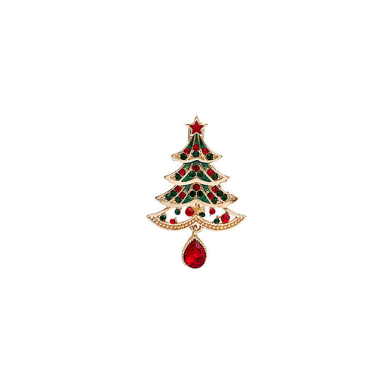 Cubic Zirconia and Crystal Enamel 18K Gold-Plated Christmas Tree Brooch, gold brooch pin, vintage-inspired design, front view