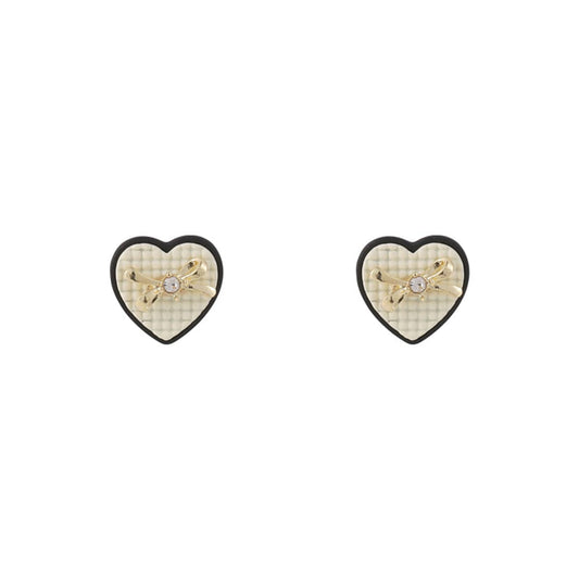 Cubic Zirconia and Beige Enamel Bow Heart Stud Earrings, stud earrings for women, dainty minimalist design, front view