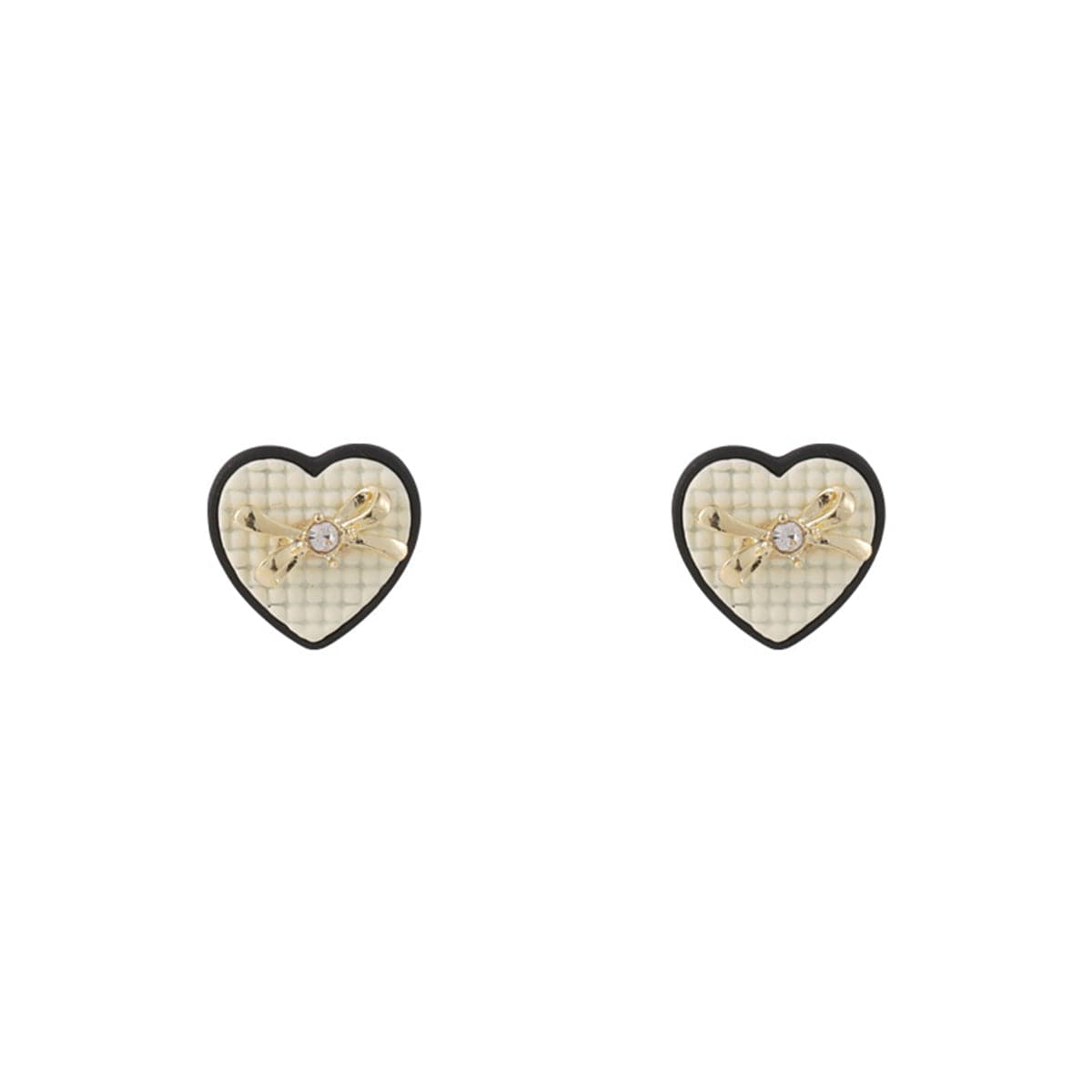 Cubic Zirconia & Beige Enamel Bow Heart Stud Earrings