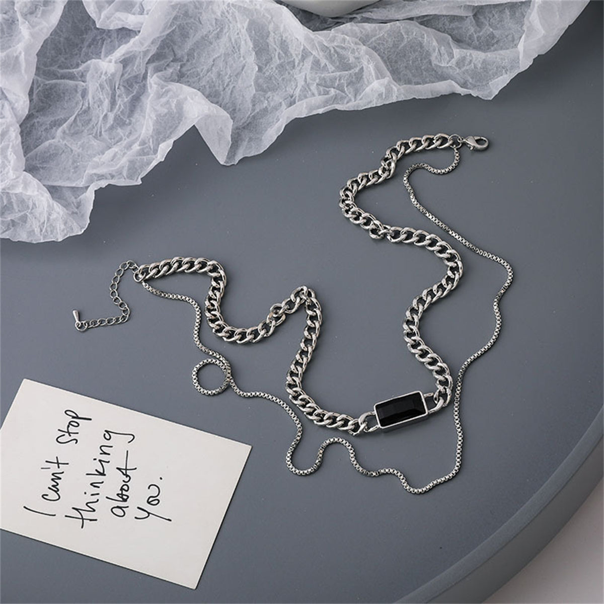 Black Enamel & Silver-Plated Curb Chain Layered Choker