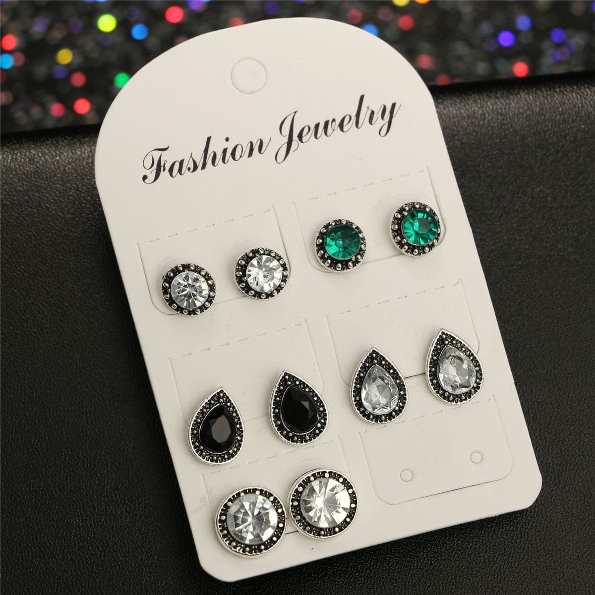 Green Crystal and Silver-Plated Stud Earrings Set, silver stud earrings for women, vintage-inspired design, styled look
