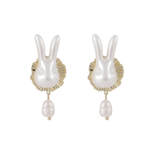 Pearl and 18K Gold-Plated Rabbit Ear Jackets, gold drop earrings for women, elegant gift for her, front view