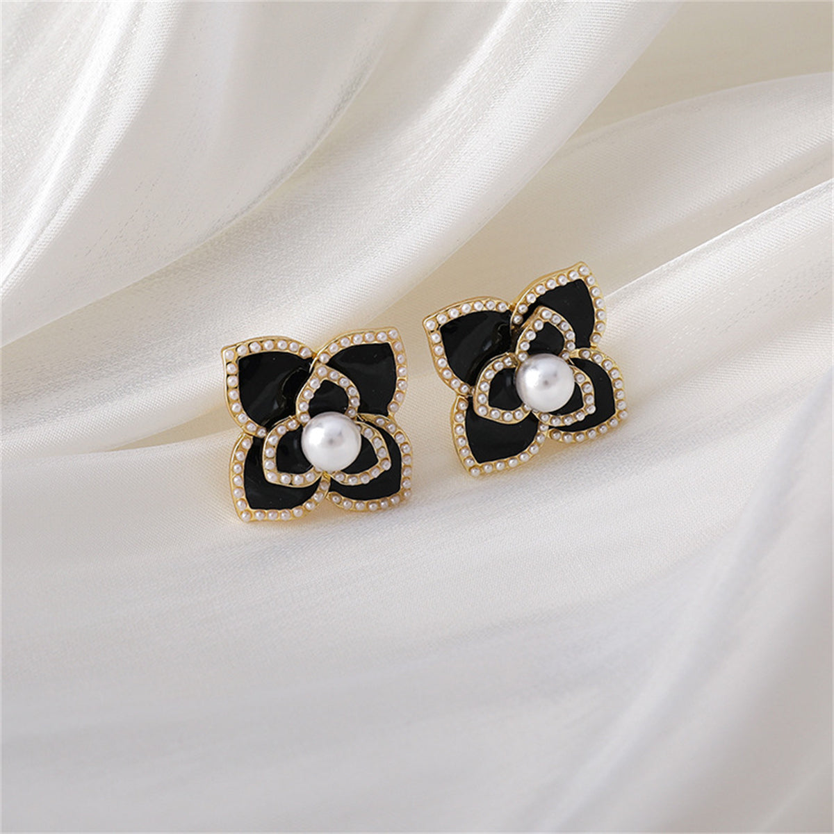 Pearl & Black Camellia 18K Gold-Plated Stud Earrings