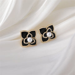 Pearl & Black Camellia 18K Gold-Plated Stud Earrings