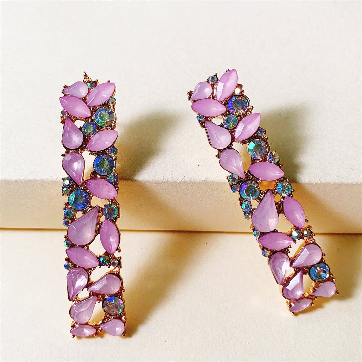 Pink Cubic Zirconia and 18K Gold-Plated Drop Earrings, gold drop earrings for women, everyday style, side view