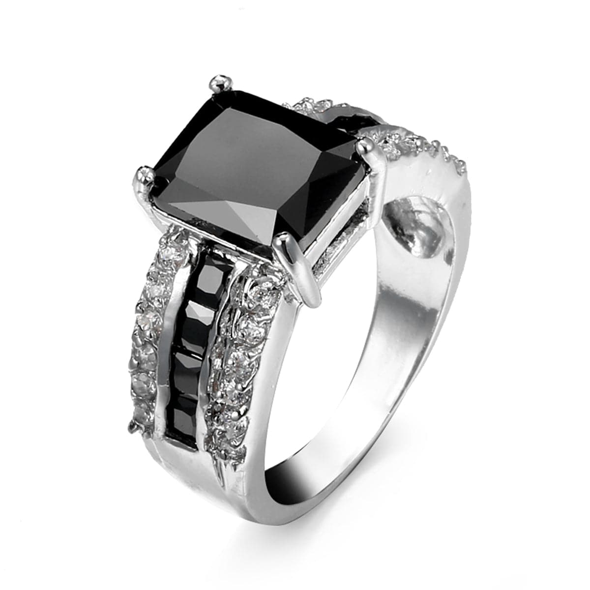 Black Crystal and Silver-Plated Rectangle Ring, silver statement rings for women, dainty minimalist design, front view