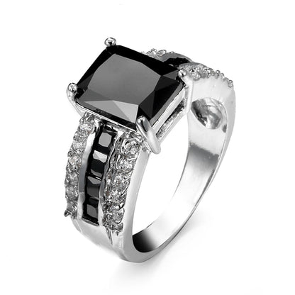 Black Crystal and Silver-Plated Rectangle Ring, silver statement rings for women, dainty minimalist design, front view