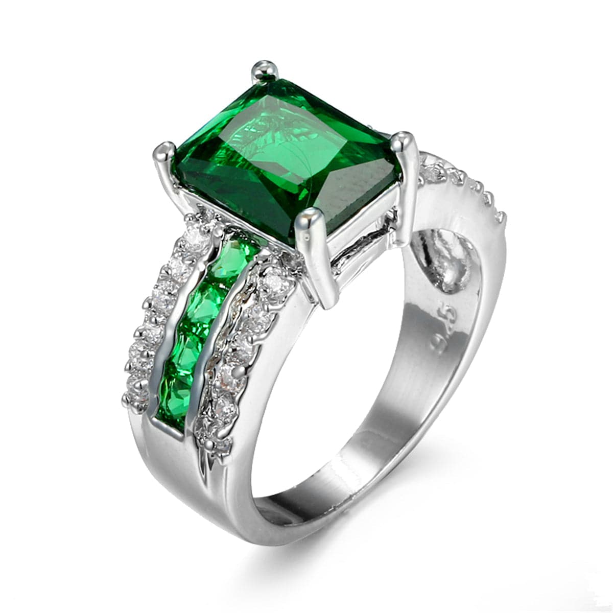 Green Crystal and Cubic Zirconia Princess-Cut Ring, statement rings for women, everyday style, front view