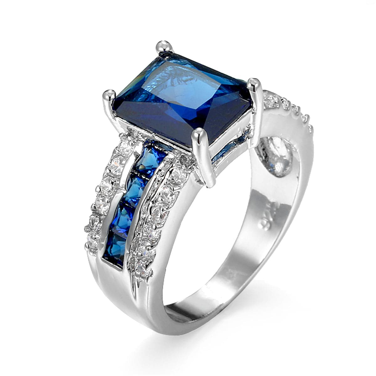 Navy Crystal and Cubic Zirconia Princess-Cut Ring, statement rings for women, dainty minimalist design, front view