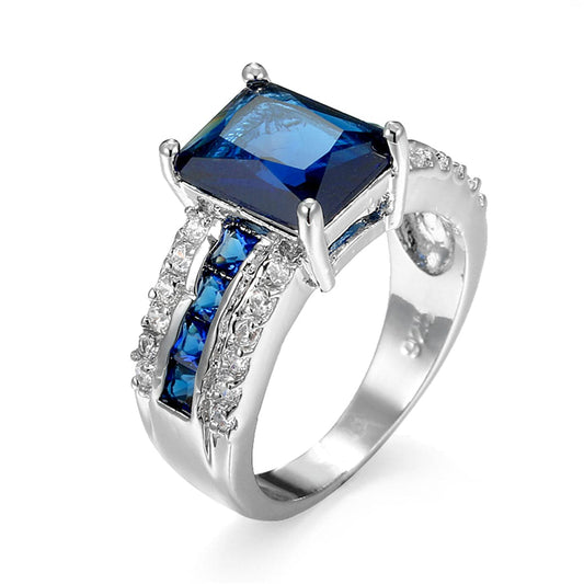 Navy Crystal and Cubic Zirconia Princess-Cut Ring, statement rings for women, dainty minimalist design, front view