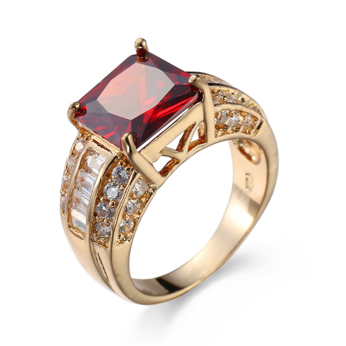 Red Crystal and Cubic Zirconia Square Ring, statement rings for women, botanical inspired, side view