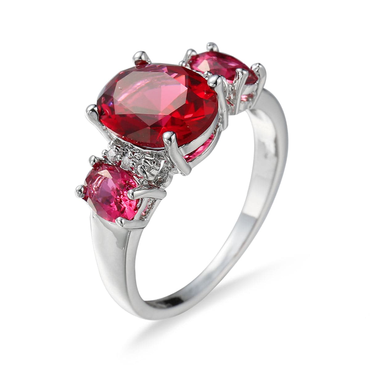 Rose Crystal and Polatinum-Plated Three-Stone Ring, statement rings for women, elegant gift for her, side view