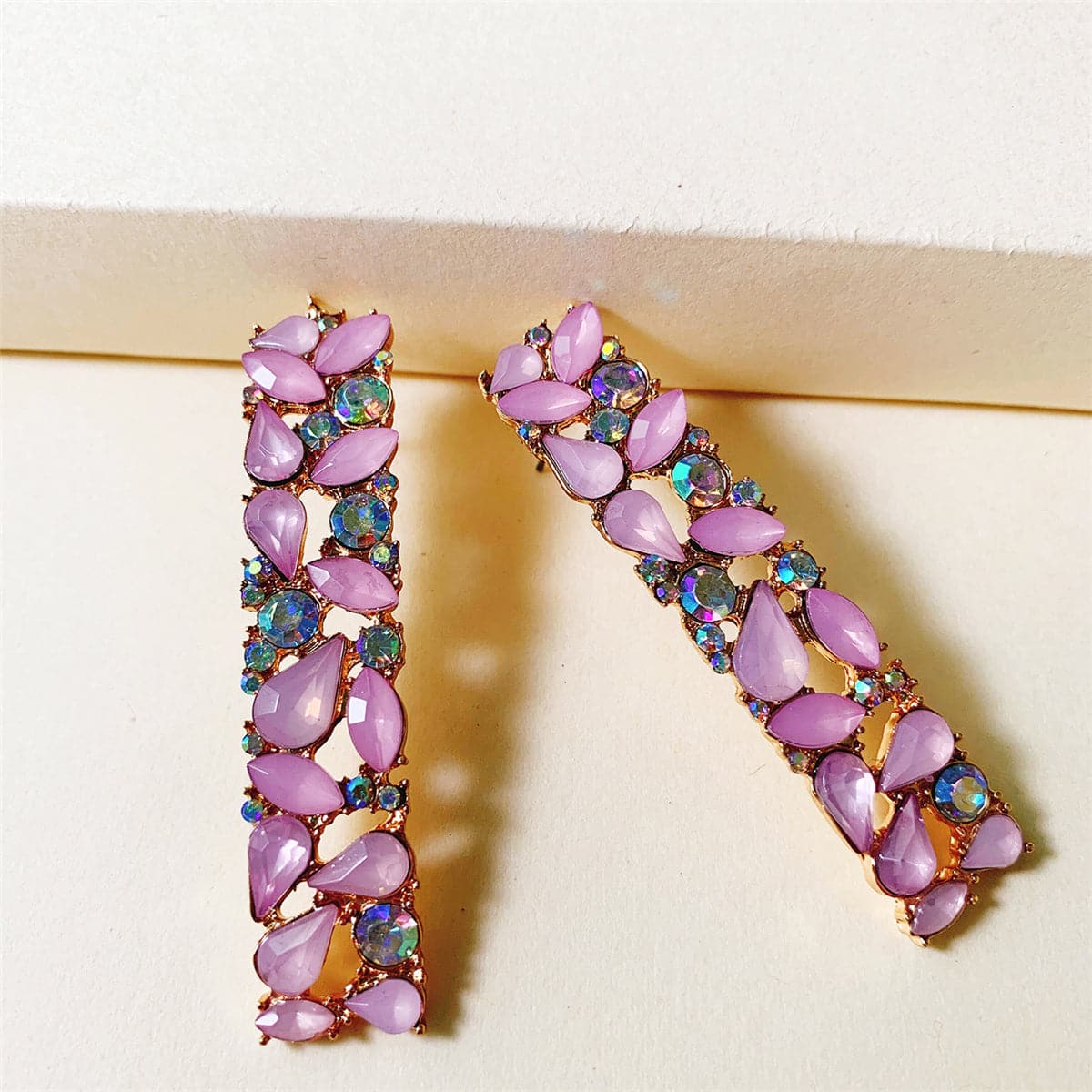 Pink Cubic Zirconia and 18K Gold-Plated Drop Earrings, gold drop earrings for women, everyday style, detail close-up