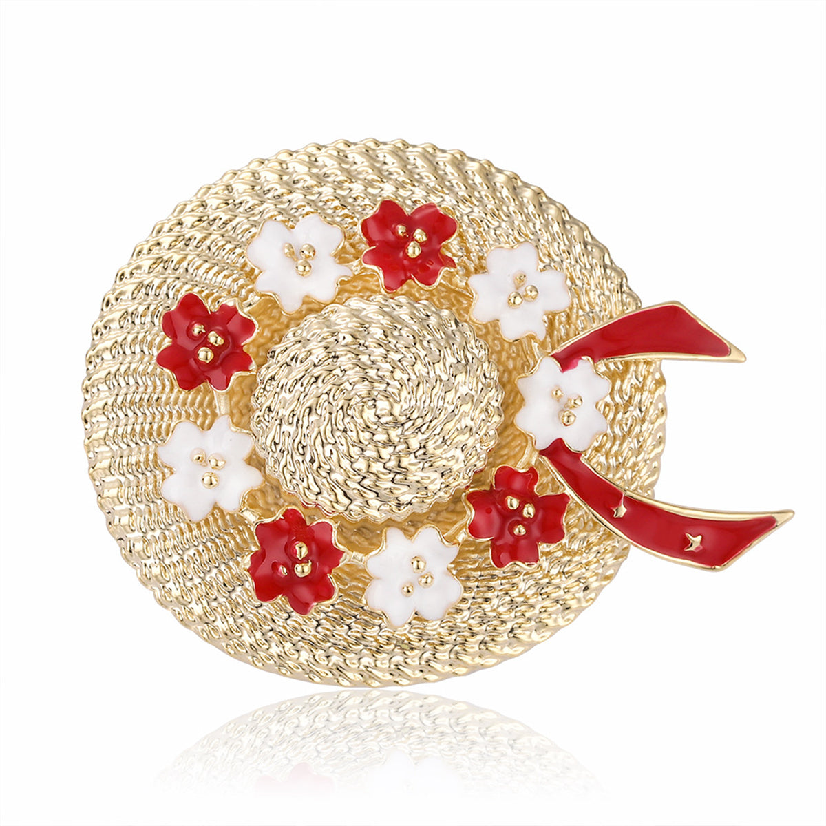 Red Enamel and 18K Gold-Plated Floral Sunhat Brooch, gold brooch pin, dainty minimalist design, front view