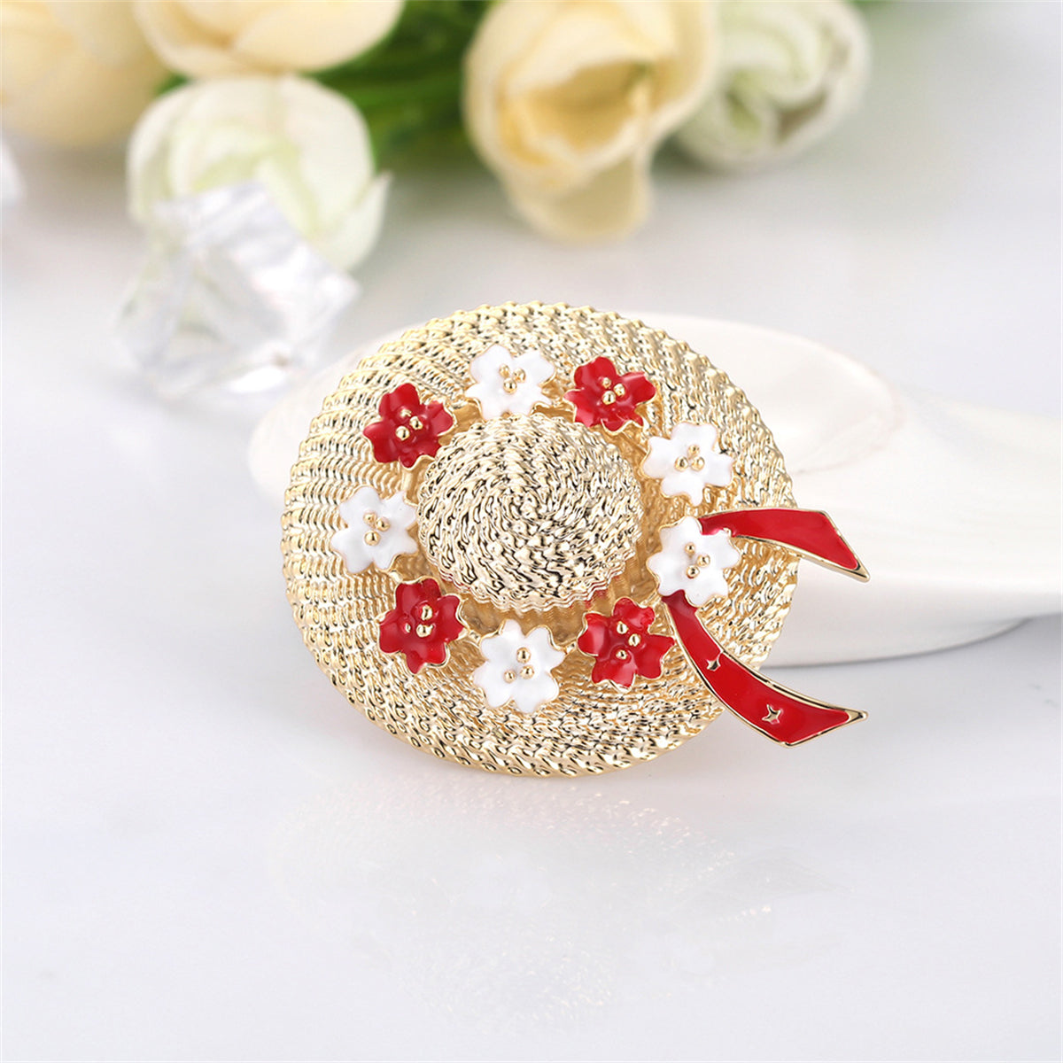 Red Enamel & 18K Gold-Plated Floral Sunhat Brooch