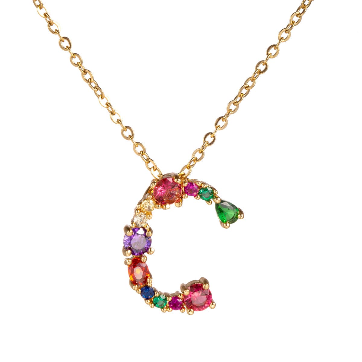 Red Multicolor Crystal and Cubic Zirconia Letter C Pendant Necklace, pendant necklace for women, side view