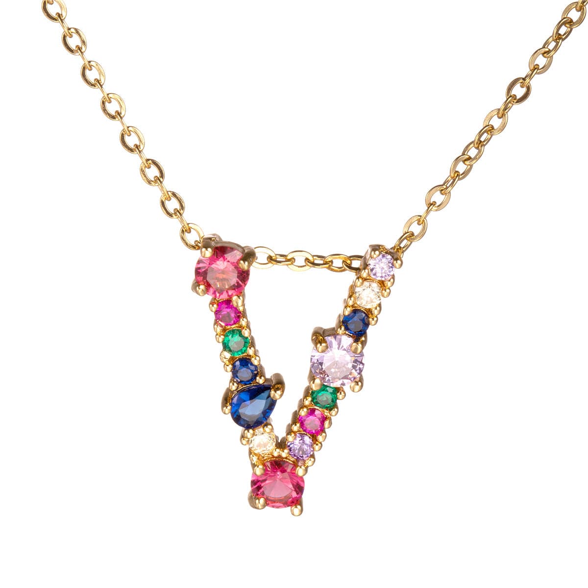 Red Multicolor Crystal & Cubic Zirconia Letter V Pendant Necklace