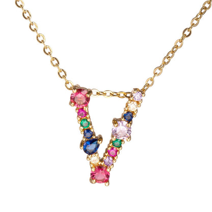 Red Multicolor Crystal and Cubic Zirconia Letter V Pendant Necklace, pendant necklace for women, side view