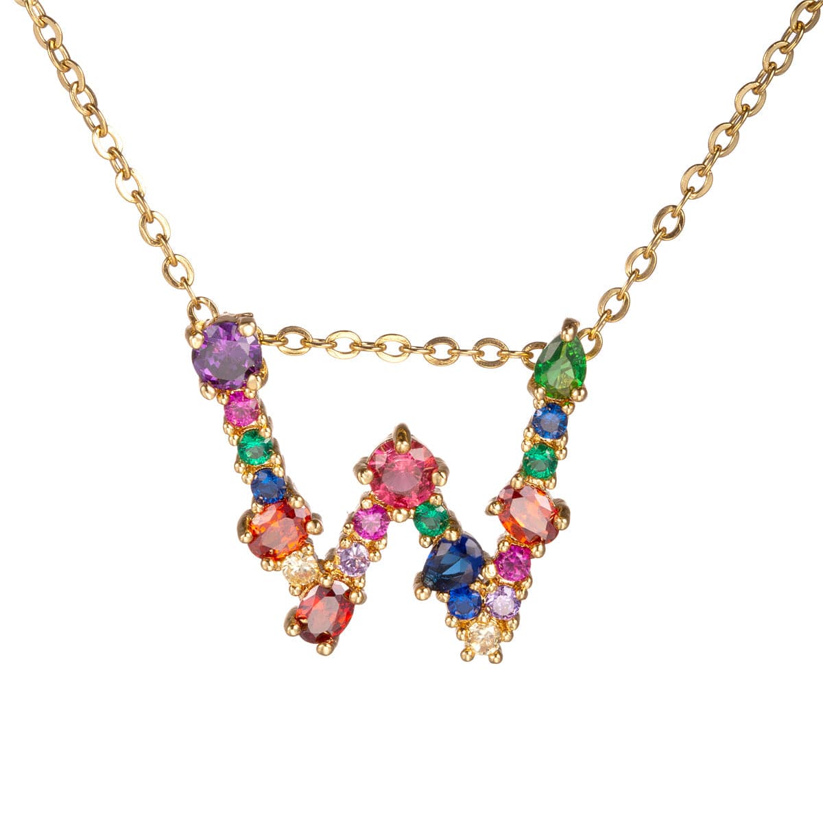 Red Multicolor Crystal and Cubic Zirconia Letter W Pendant Necklace, pendant necklace for women, side view