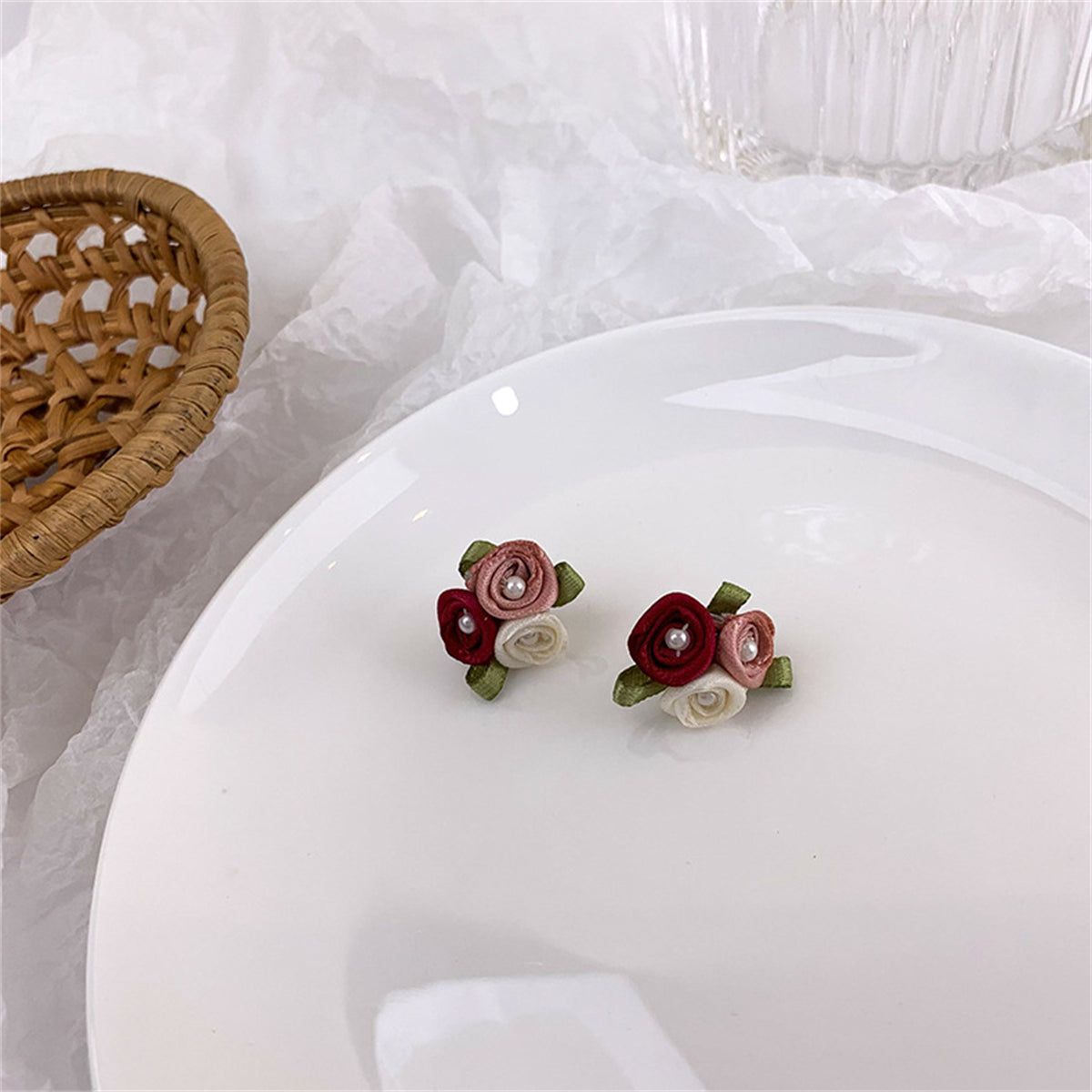 Red Mesh & Pearl Tri-Rose Stud Earrings